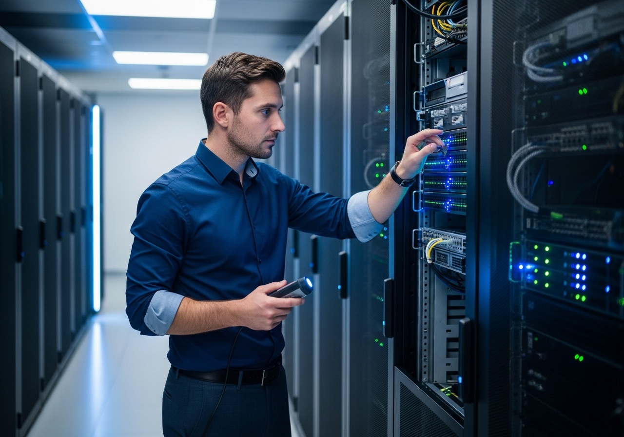 Engineer performing server maintenance in a data centre rack